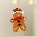Gingerbread man Christmas ornament with red hat and bow on a rustic hanging rope - Type B-Red Berry Gingerbread Man