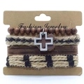 Set di quattro bracciali da uomo in pelle multistrato con perline di legno e croce d'argento - Set perline di legno marrone scuro con croce-1