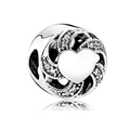 Silver heart charm with swirl patterns and white zircon for DIY bracelets - Hollow Heart