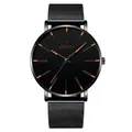 Men's minimalist black business watch with orange-gold markers and mesh steel strap - Mesh Band Black Case Rose Gold Hands