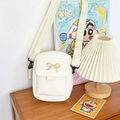 Borsa a tracolla beige con ricamo a fiocco dorato e tracolla in tessuto chic - Bianco