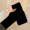 Plush black fingerless knit gloves for women featuring a soft warm furry texture - One Size / Black