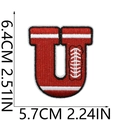 Detail view of red embroidered letter U patch with rugby stitching and size measurements - Letter U