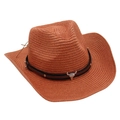 Detail of woven straw cowboy hat featuring leather band and silver bull skull ornament - One Size / Caramel color
