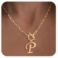 Gold paperclip chain necklace with a T-bar clasp and letter P pendant worn by a model - Letter P