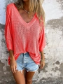 Damen Strickpullover in leuchtendem Orange mit V-Ausschnitt und lockerem Lochmuster - 3XL / Orangerot