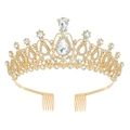Elegant gold crystal crown with teardrop rhinestones for bridal weddings and parties - Gold White Zirconia