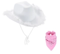 Cappello da cowboy bianco con bordo in peluche e bandana paisley rosa set da due - Set 2 Pezzi Piume Bianco