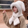 Set sciarpa cappuccio in peluche con orecchie di coniglio bianco per protezione invernale - Bianco