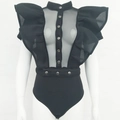 Sexy zwarte mesh bodysuit met korte mouwen met ruches en knoopsluiting voor dames - XL / Zwart