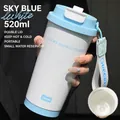 Blue and white 520ml stainless steel insulated coffee mug with straw and strap - Blue and White Color Block (Ceramic Coating Liner)