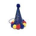 Blue pet birthday party hat with shimmering stars and colorful pom-poms decor - Triangle Ball Hat / Sapphire Blue