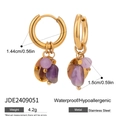 Detailed view of gold stainless steel hoop earrings with purple stones and hammered charms - Gold Purple Stone Circle Style (JDE2409051)