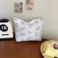 Quilted makeup bag with blue bear and rose patterns on soft white cotton fabric - Rose Bear