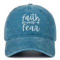 Detail of Faith Over Fear embroidery on blue washed cotton baseball cap with curved brim - Adjustable / Lake Blue