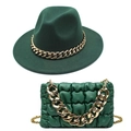 Dark green fedora hat and matching quilted chain bag set with gold links for women - Dark Green Hat + Bag