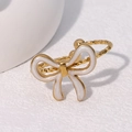 Minimalist gold bow ring with white enamel finish and elegant twisted rope metal band - Pearl White
