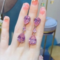 Elegant pink teardrop moissanite earrings with triple-layered drop design in silver - Pink Zirconia