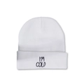 Detail shot of white ribbed knit beanie featuring black I'M COLD letter embroidery - White