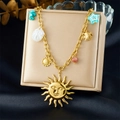 Gold-plated stainless steel necklace with sun face, tropical fish, and starfish charms - Sun Face Bohemian Necklace (N3529)