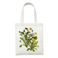 White canvas tote bag featuring green tree frog and yellow dandelion floral print - Green Tree Frog and Dandelion Illustration Style (STD27-S)