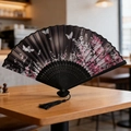 Classic black Chinese folding fan with pink floral patterns, butterflies and black tassel - Style 55 (New Style)