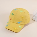 Bright yellow cotton kids baseball cap with colorful dinosaur embroidery in top view - One Size / Yellow