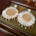 Summer daisy drop earrings with raffia centers, white fabric petals and pearl studs - Daisy Raffia Pearl Tassels (20#)