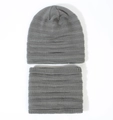 Gray knitted winter set featuring beanie and neck warmer with ribbed stripe texture - Light Gray