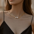 Elegant gold seaman chain necklace with two white pearls on a female model - Baroque Pearl Mariner Chain Choker (KN0084) / 18K Gold