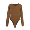 Detailed view of caramel brown long sleeve bodysuit with crew neck and snap buttons - S / Khaki