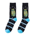 Detail view of cotton blend crew socks featuring a green cat and moon pop art pattern - 5-Black Artistic Starry Cat