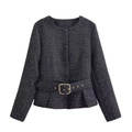 Elegante zwarte tweed jas voor dames met een tailleriem en gouden metalen knopen - XS / Tops