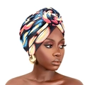 Ethnic turban hat with black base and red yellow blue geometric fan print patterns - One Size / Black