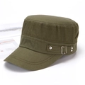 Classic army green flat top cap in durable canvas with silver metal side buckle - Adjustable / Army Green