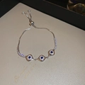 Bracelet argenté réglable avec œil maléfique, pierres bleues et zircons blancs brillants - Style Cordon à Trois Yeux Mauvais Œil (15# Bracelet - Argent - Bleu)