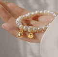 Elegant pearl bracelet featuring golden tulip and lotus seed pod charms for women - Lotus Pod Flower Freshwater Pearl Style (51#)