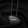 Scorpio zodiac necklace in silver finish with artistic font pendant on black satin - Scorpio Steel