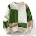 Herren Strickpullover mit Zopfmuster und Farblock-Design in Grün Weiß und Beige - M / Grün