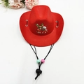 Detail of red felt Christmas cowboy pet hat with Merry Christmas print and adjustable cord - Christmas Hat / Red