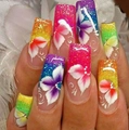 24pcs colorful gradient press-on nails with white floral patterns and glitter finish - Yellow Jelly Glue + Nail File
