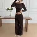 Deep brown pleated long-sleeve top and wide-leg trousers casual two-piece vacation set - S / Brown