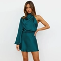 Elegant dark green satin one-shoulder mini dress with long sleeve and glossy finish - S / One Shoulder Dress / Lake Blue