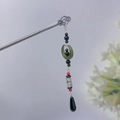 Chinese silver hair pin with emerald green crescent moon and hanging beaded tassels - F0823 Long Tassel