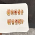 Chinese style gold foil and flower press-on nails with nude pink cat-eye finish - Extra Small (XS) / Gold Foil Flower Shadow-Medium Square Round (3425)