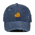 Detailed view of vintage washed denim baseball cap with cheese embroidery and distressed rips - One Size / Navy Blue