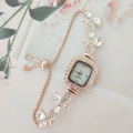 Elegant rose gold square watch with crystal floral accents and adjustable sliding chain - Rose Gold