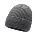 Classic dark grey ribbed knit beanie with silver sports brand tag for winter warmth - Light Gray