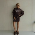 Deep brown knit set with oversized letter sweater and matching mini skirt outfit - S / Brown