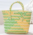 Detailed close-up of the woven texture on a green and yellow handmade gift basket bag - Medium (No Bow) / Yellow-Green